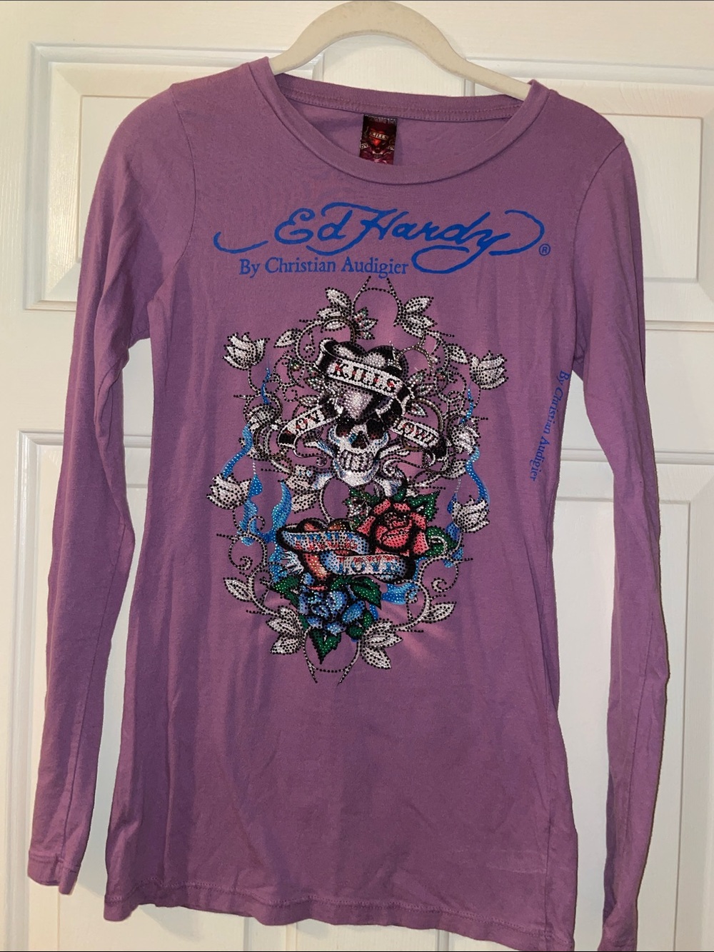 Authentic Ed Hardy Purple Long Sleeve Skull & Rose Rhinestone Tee EUC 2003 Y2K M